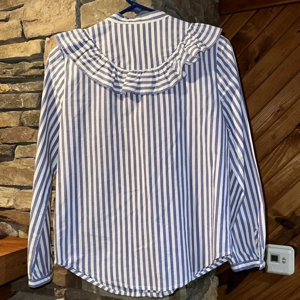 MADEWELL Whitney Striped Ruffle Top Blouse Blue / White XS Button Down Long Slv - Picture 7 of 8